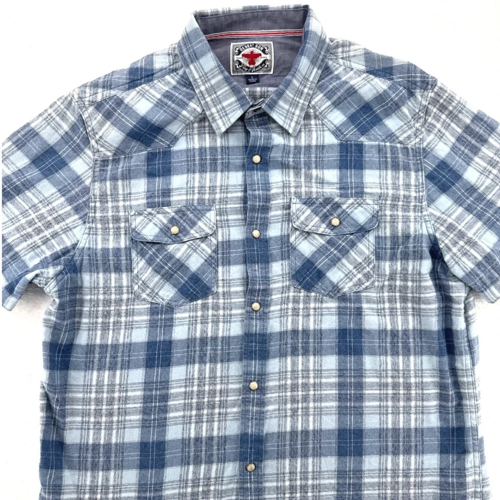 Desert Son Flag & Anthem Mens Western Shirt L Blue Plaid Pearl Snap Short Sleeve